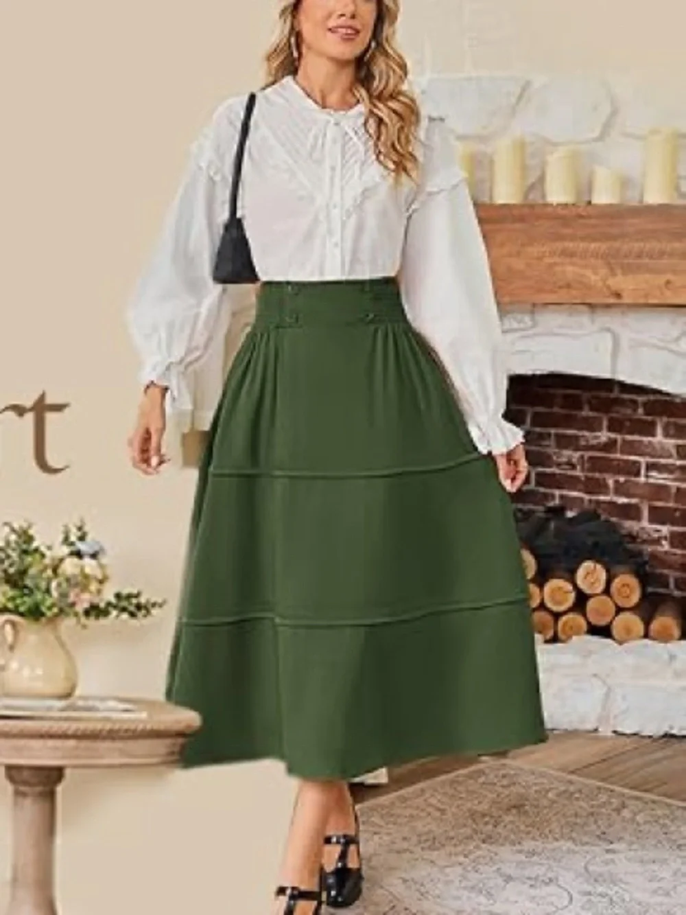 bolle Olive Green Tiered Maxi Skirt with Button Detail